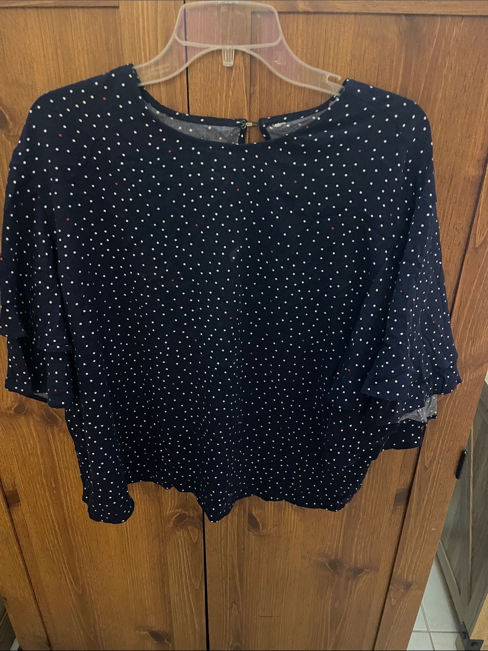 Navy Blue Polka Dot Flutter Sleeve Blouse - Women's Top